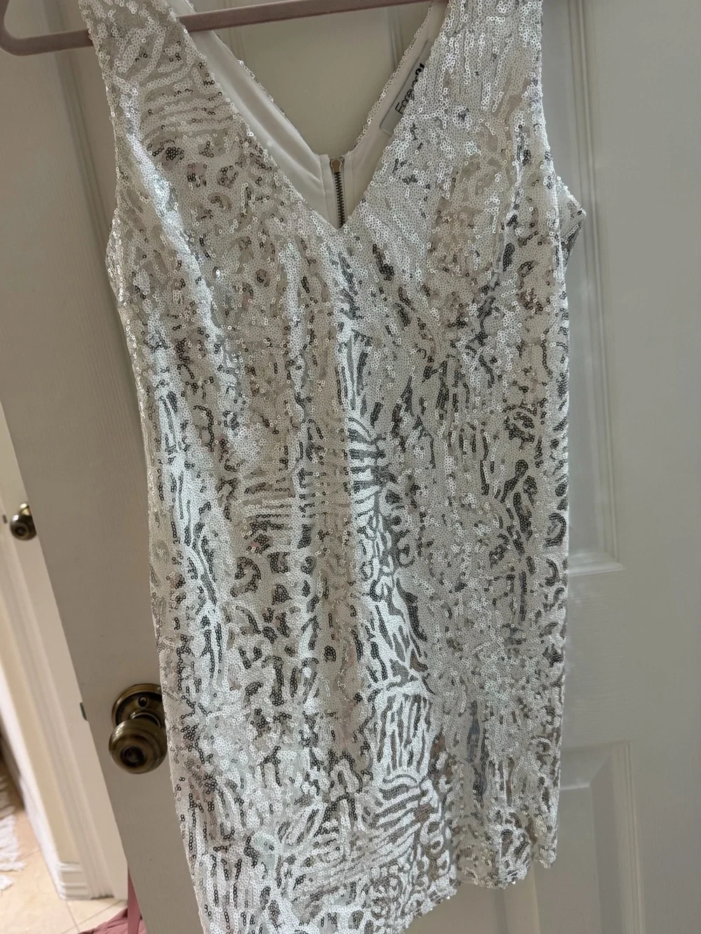 Forever 21 White & Silver Sequined V-Neck Mini Dress